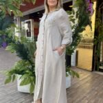 İtalyan Payetli Linen Keten Uzun Gömlek Elbise - Bej