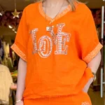 İtalyan Love Taş İşlemeli V Yaka Keten Bluz - Turuncu