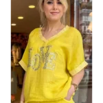İtalyan Love Taş İşlemeli V Yaka Keten Bluz - Sarı