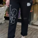 İtalyan Love Taş İşlemeli Keten Pantolon - Siyah