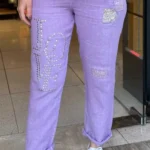 İtalyan Love Taş İşlemeli Keten Pantolon - Lila