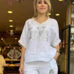 İtalyan Love Taş İşlemeli V Yaka Keten Bluz - Beyaz