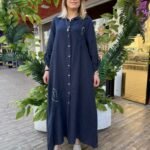 İtalyan Payetli Linen Keten Uzun Gömlek Elbise - Lacivert