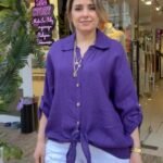 İtalyan Bağlamalı Linen Keten Gömlek - (38-52 Uyumlu) - Mor