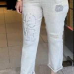 İtalyan Love Taş İşlemeli Keten Pantolon - Bej