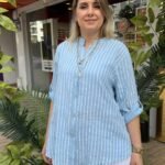 İtalyan Çizgili Pamuk Gömlek (38-48 Uyumlu) - Buz Mavi
