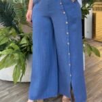 İtalyan Düğme Detaylı %100 Keten Pantolon (38-48) - Mavi