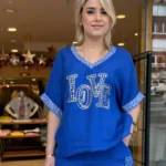 İtalyan Love Taş İşlemeli V Yaka Keten Bluz - Saks