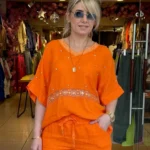 İtalyan Taş İşlemeli V Yaka Keten Bluz - Turuncu