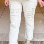 İtalyan Tasarım Yazı Detaylı Keten Pantolon - Bej