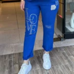 İtalyan Love Taş İşlemeli Keten Pantolon - Saks