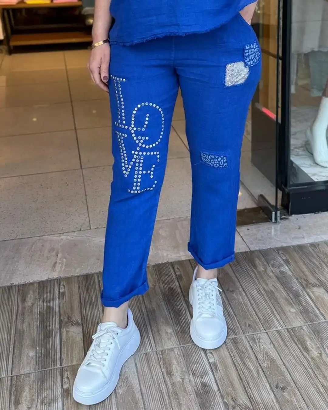 İtalyan Love Taş İşlemeli Keten Pantolon