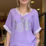 İtalyan Love Taş İşlemeli V Yaka Keten Bluz - Lila