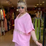 İtalyan Taş İşlemeli V Yaka Keten Bluz - Açık Pembe