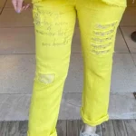 İtalyan Tasarım Yazı Detaylı Keten Pantolon - Sarı