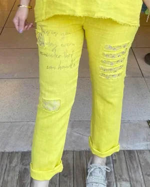 İtalyan Tasarım Yazı Detaylı Keten Pantolon