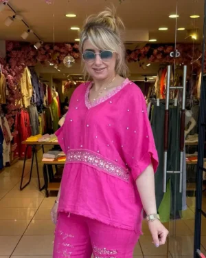 İtalyan Taş İşlemeli V Yaka Keten Bluz