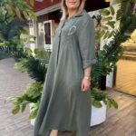 İtalyan Payetli Linen Keten Uzun Gömlek Elbise - Haki