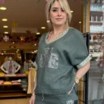 İtalyan Love Taş İşlemeli V Yaka Keten Bluz - Haki