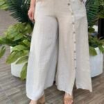 İtalyan Düğme Detaylı %100 Keten Pantolon (38-48) - Bej