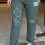 İtalyan Love Taş İşlemeli Keten Pantolon - Haki