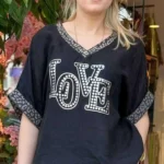 İtalyan Love Taş İşlemeli V Yaka Keten Bluz - Siyah