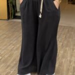 İtalyan Halat Kemer Detaylı Keten Pantolon (38-48 Beden Uyumlu) - Siyah