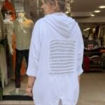 İtalyan Arkası Payet İşlemeli Kapüşonlu Ceket - Beyaz