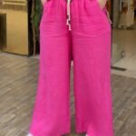 İtalyan Halat Kemer Detaylı Keten Pantolon (38-48 Beden Uyumlu) - Fuşya