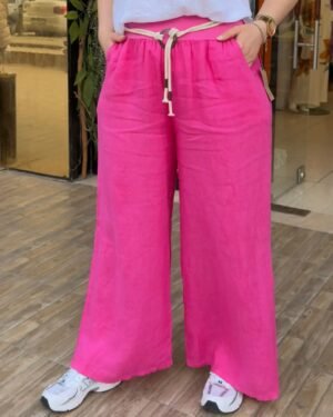 İtalyan Halat Kemer Detaylı Keten Pantolon (38-48 Beden Uyumlu)