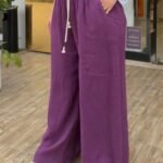 İtalyan Halat Kemer Detaylı Keten Pantolon (38-48 Beden Uyumlu) - Mor