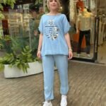 İtalyan Marin Serisi Gold Varak Çapa Baskılı Tensel Takım - Buz Mavi