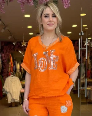 İtalyan Love Taş İşlemeli V Yaka Keten Bluz