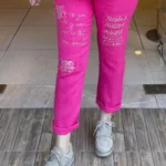 İtalyan Tasarım Yazı Detaylı Keten Pantolon - Fuşya