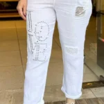 İtalyan Love Taş İşlemeli Keten Pantolon - Beyaz