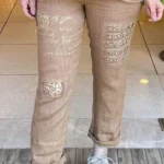 İtalyan Tasarım Yazı Detaylı Keten Pantolon - Camel