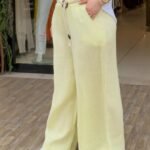 İtalyan Halat Kemer Detaylı Keten Pantolon (38-48 Beden Uyumlu) - Sarı