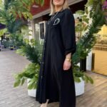 İtalyan Payetli Linen Keten Uzun Gömlek Elbise - Siyah