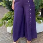 İtalyan Düğme Detaylı %100 Keten Pantolon (38-48) - Mor