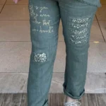 İtalyan Tasarım Yazı Detaylı Keten Pantolon - Haki