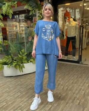 İtalyan Marin Serisi Gold Varak Çapa Baskılı Tensel Takım