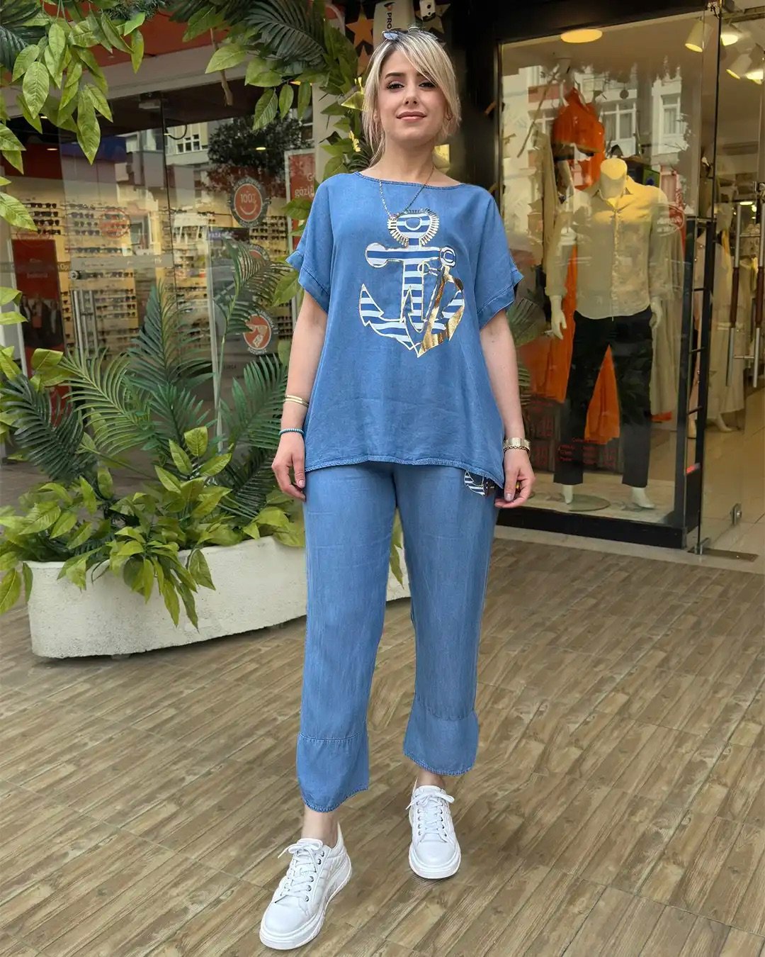 İtalyan Marin Serisi Gold Varak Çapa Baskılı Tensel Takım