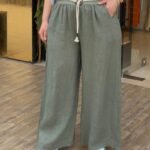 İtalyan Halat Kemer Detaylı Keten Pantolon (38-48 Beden Uyumlu) - Haki