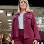 İtalyan Tasarım Zımba Detaylı Pamuklu Ceket (38-46 Uyumlu) - Bordo