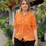 İtalyan Çift Cep Payetli Leopar Baskılı Viskon Gömlek ( 38 - 46 Uyumlu ) - Turuncu