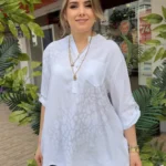 İtalyan Pul Payet Detaylı Leopar Desenli Bluz (38-48 Uyumlu) - Beyaz