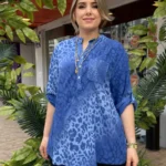 İtalyan Pul Payet Detaylı Leopar Desenli Bluz (38-48 Uyumlu) - Saks