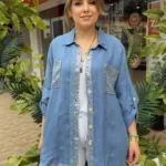 İtalyan Çift Cep Pul Payetli Zımbalı Keten Gömlek ( 38 50 Uyumlu ) - Mavi