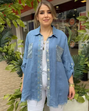 İtalyan Çift Cep Pul Payetli Zımbalı Keten Gömlek ( 38 50 Uyumlu )