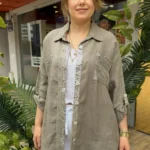 İtalyan Çift Cep Pul Payetli Zımbalı Keten Gömlek ( 38 50 Uyumlu ) - Vizon